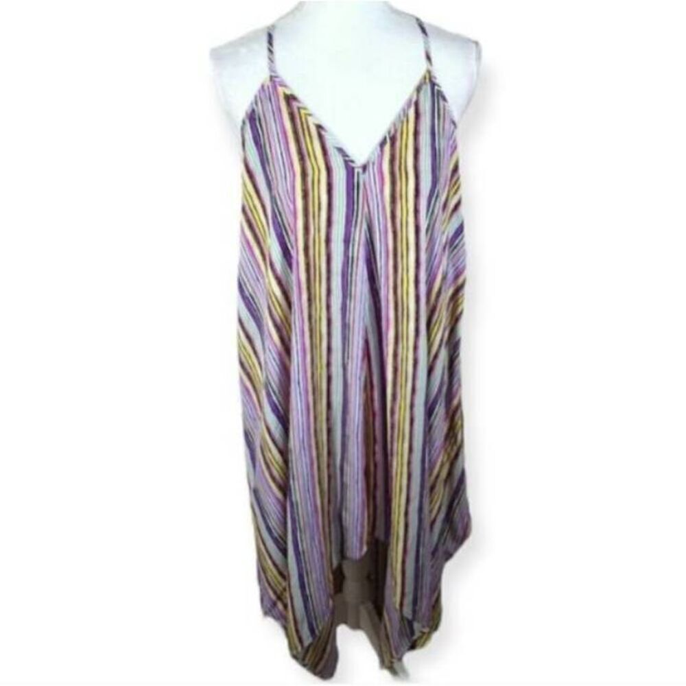 BAR III PURPLE, YELLOW, WHITE, & PINK STRIPE ASYMMETRICAL HEM DRESS SZ.S EUC.